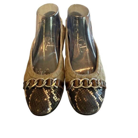 AGL Attilio Giusti Leombruni Ballet Flats Suede Python Chain Brown 39 8.5-9 EUC - Picture 2 of 7